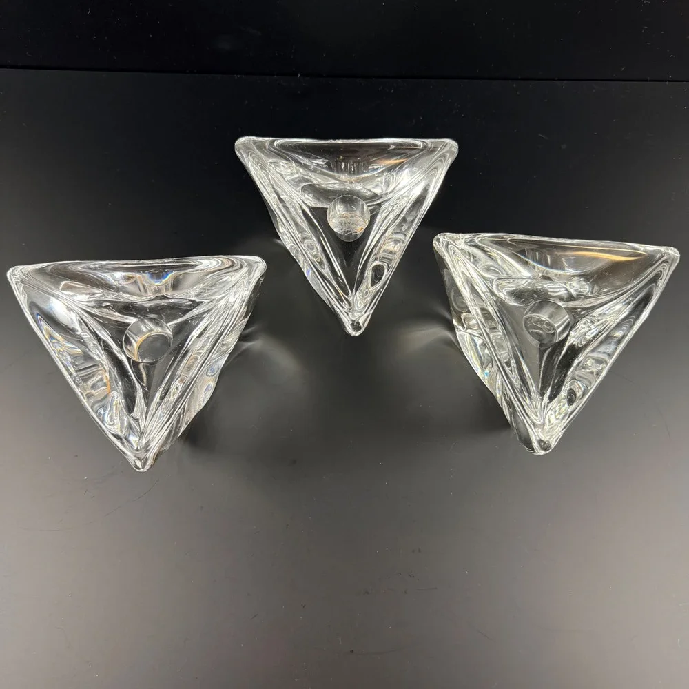 Set of 3 VTG Daum France Crystal Triangle‎ Candle Holders Signed MCM Heavy Glass